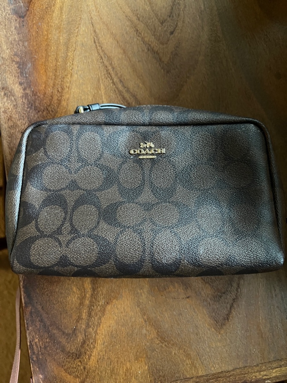 Coach Brown Signature Canvas Toiletry Pouch with Gold Logo